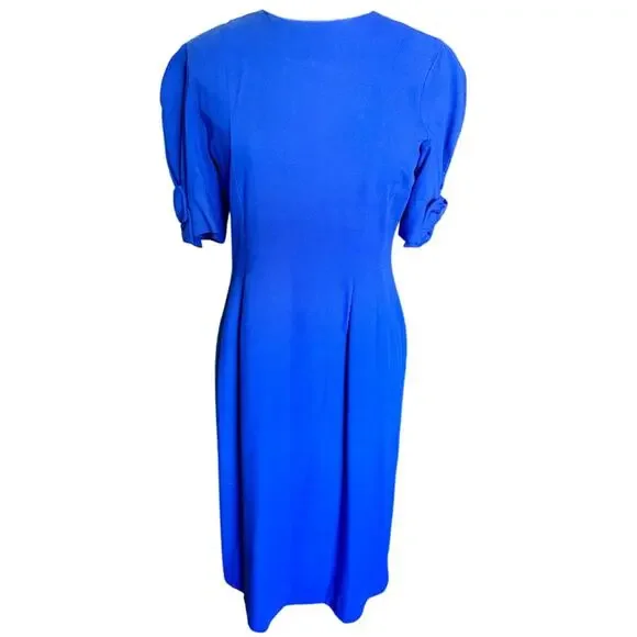 Vintage 70’s ILGWU Neiman Marcus Royal Blue Bow Sleeve Sheath Dress Small Medium - Picture 1 of 8